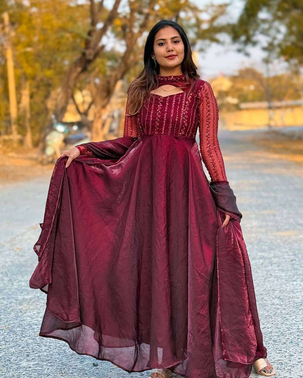 Women's Silk Heavy Embroidery Sequence Work Long Anarkali Kurti With Pant and Dupatta Set - Image 6