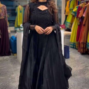 Women's Silk Heavy Embroidery Sequence Work Long Anarkali Kurti With Pant and Dupatta Set