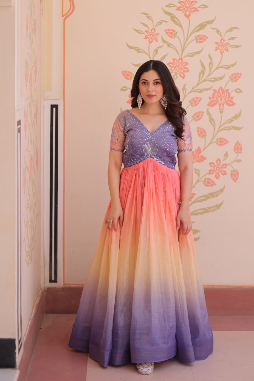 Women's Dual-Tone Ombre Gown in Candy Pink & Aqua Green with Embroidered Bodice β Festive & Contemporary Wear - Image 8