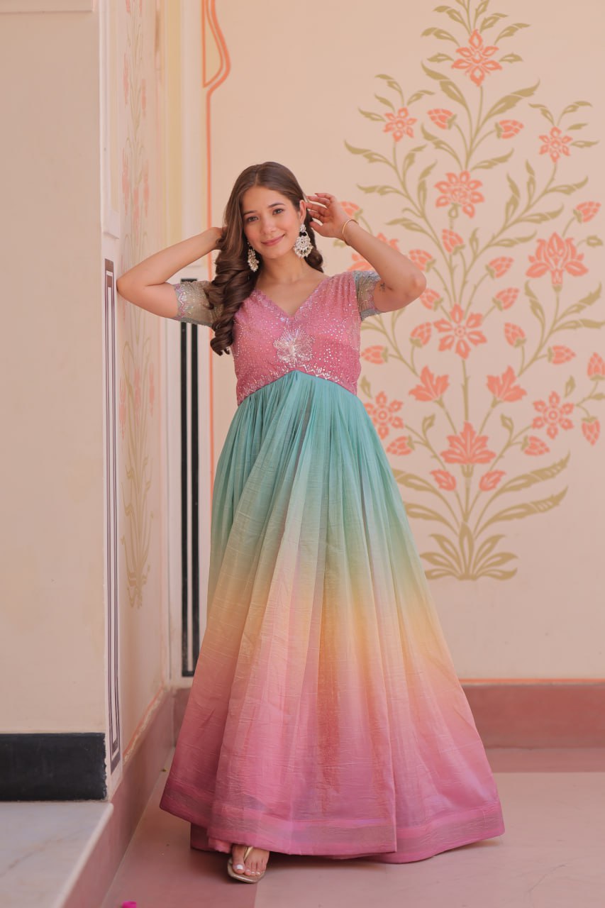 Women's Dual-Tone Ombre Gown in Candy Pink & Aqua Green with Embroidered Bodice β Festive & Contemporary Wear - Image 6