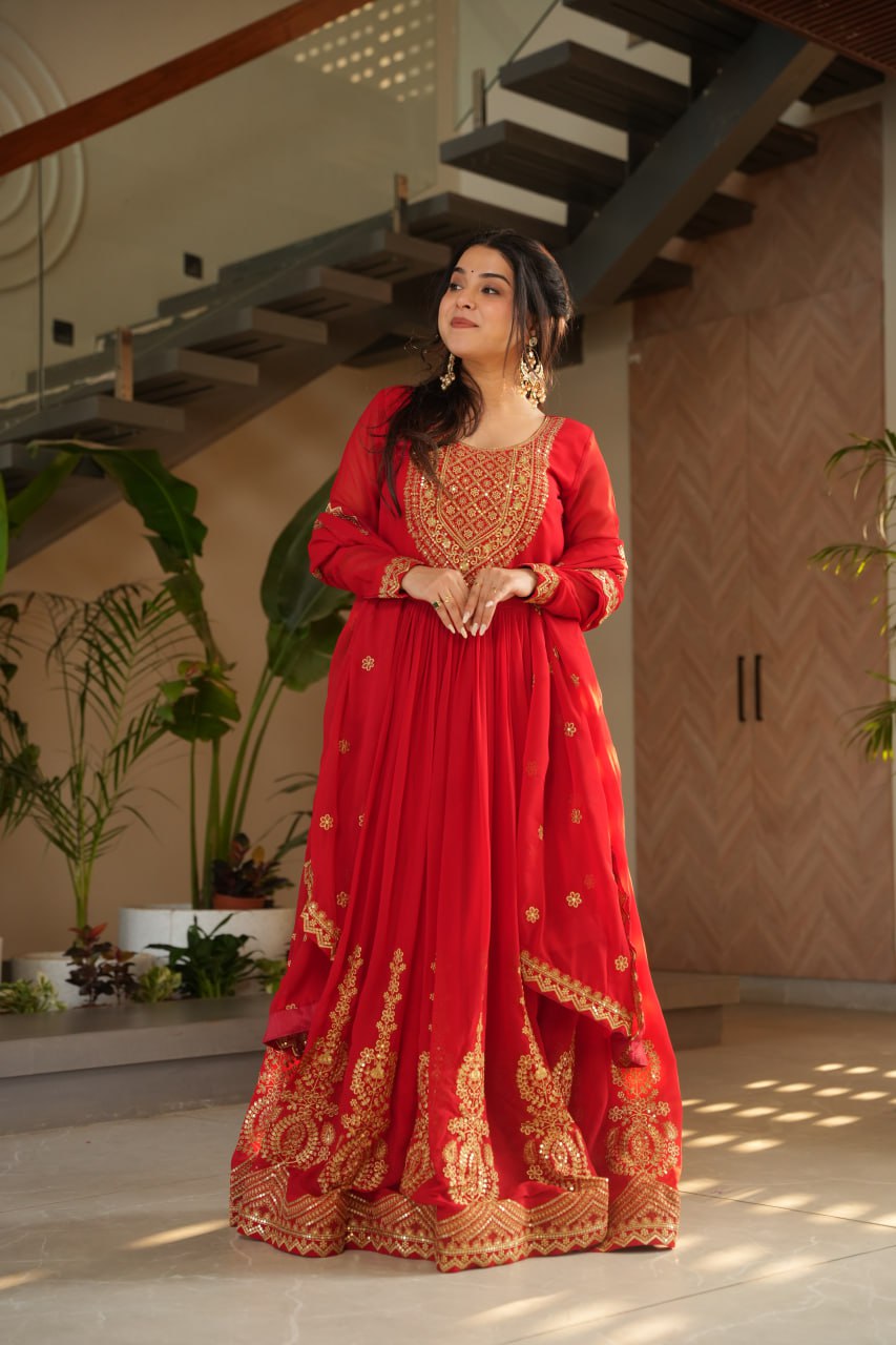 Women's Radiant Red Anarkali Suit Set with Golden Zari & Sequin Embroidery β Perfect for Festive & Wedding Occasions - Image 6