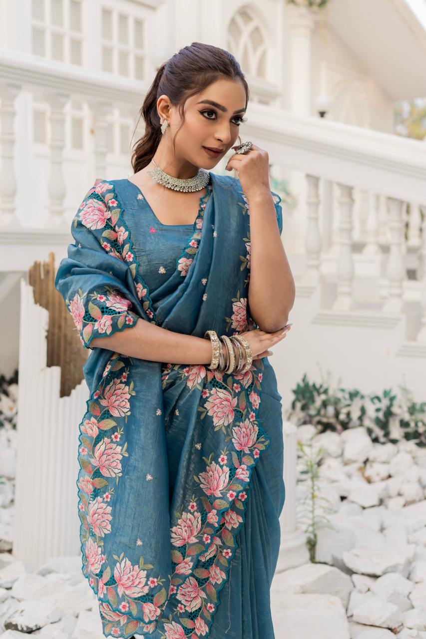 Women's Pristine White Organza Saree with Exquisite Pink & Green Floral Thread Embroidery β Complete with Matching Embroidered Blouse for Festive & Summer Wear - Image 18