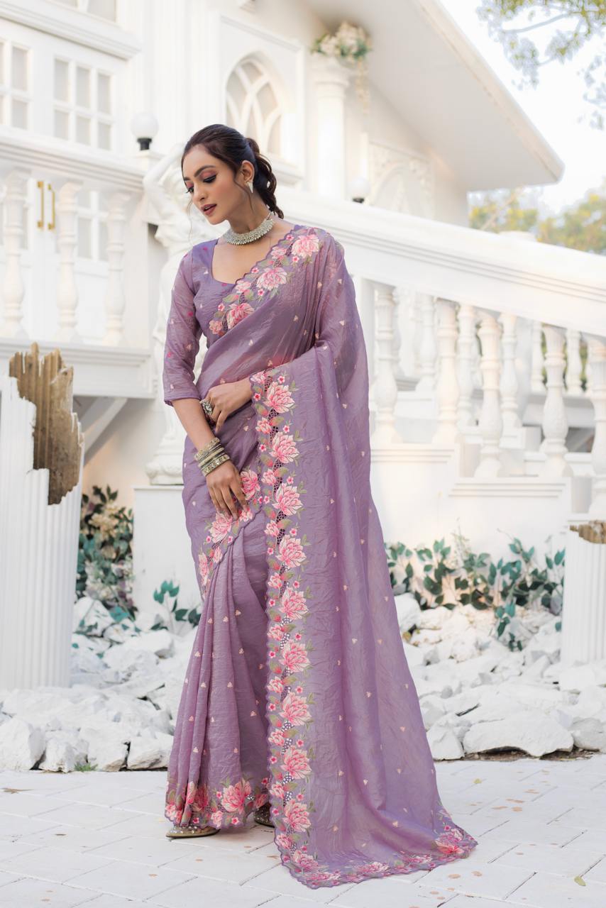 Women's Pristine White Organza Saree with Exquisite Pink & Green Floral Thread Embroidery β Complete with Matching Embroidered Blouse for Festive & Summer Wear - Image 17