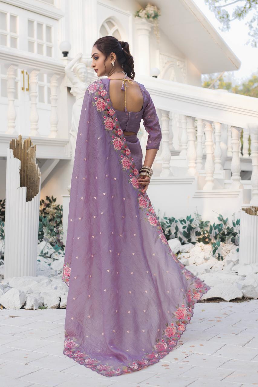 Women's Pristine White Organza Saree with Exquisite Pink & Green Floral Thread Embroidery β Complete with Matching Embroidered Blouse for Festive & Summer Wear - Image 16