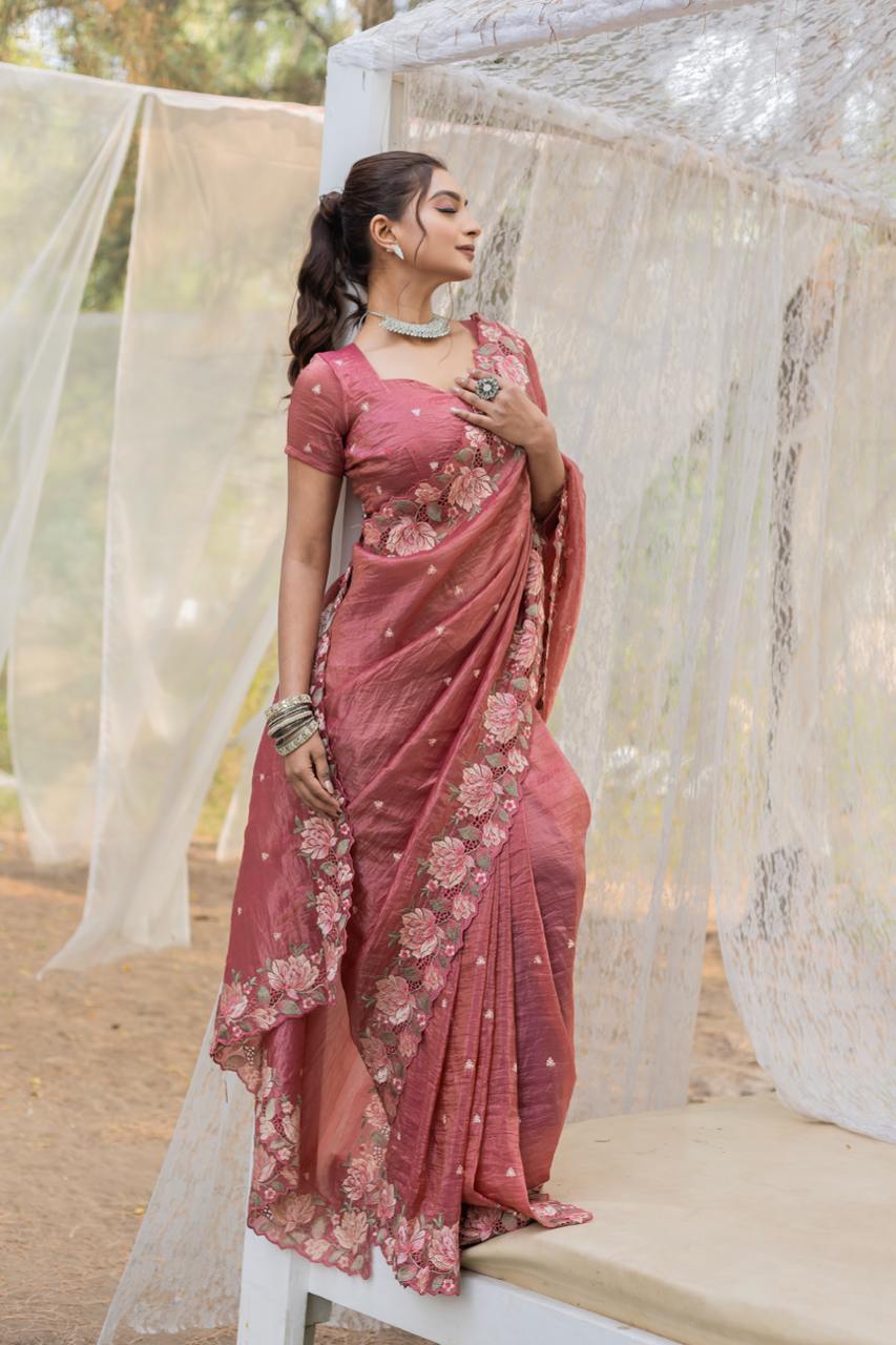 Women's Pristine White Organza Saree with Exquisite Pink & Green Floral Thread Embroidery β Complete with Matching Embroidered Blouse for Festive & Summer Wear - Image 10