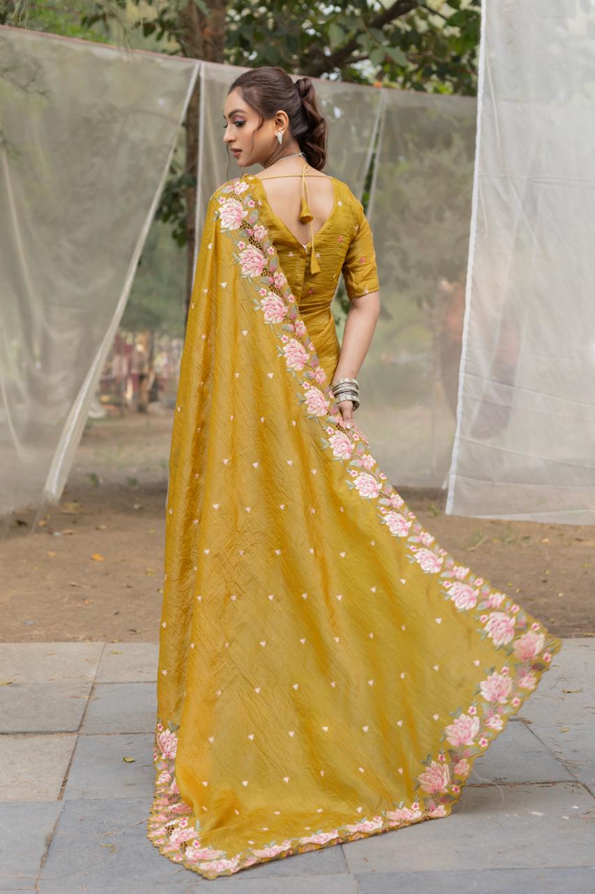 Women's Pristine White Organza Saree with Exquisite Pink & Green Floral Thread Embroidery β Complete with Matching Embroidered Blouse for Festive & Summer Wear - Image 6
