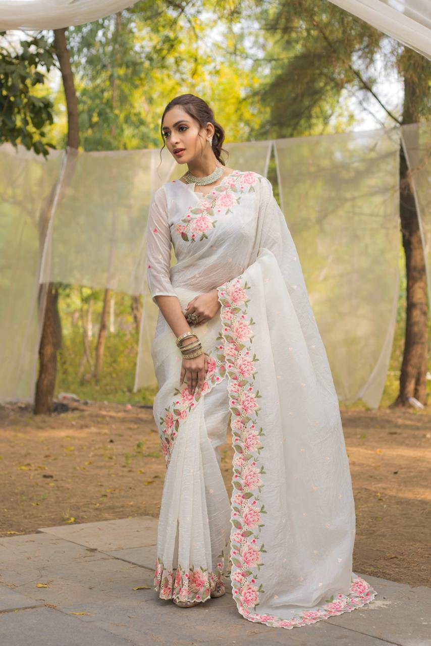 Women's Pristine White Organza Saree with Exquisite Pink & Green Floral Thread Embroidery β Complete with Matching Embroidered Blouse for Festive & Summer Wear - Image 5
