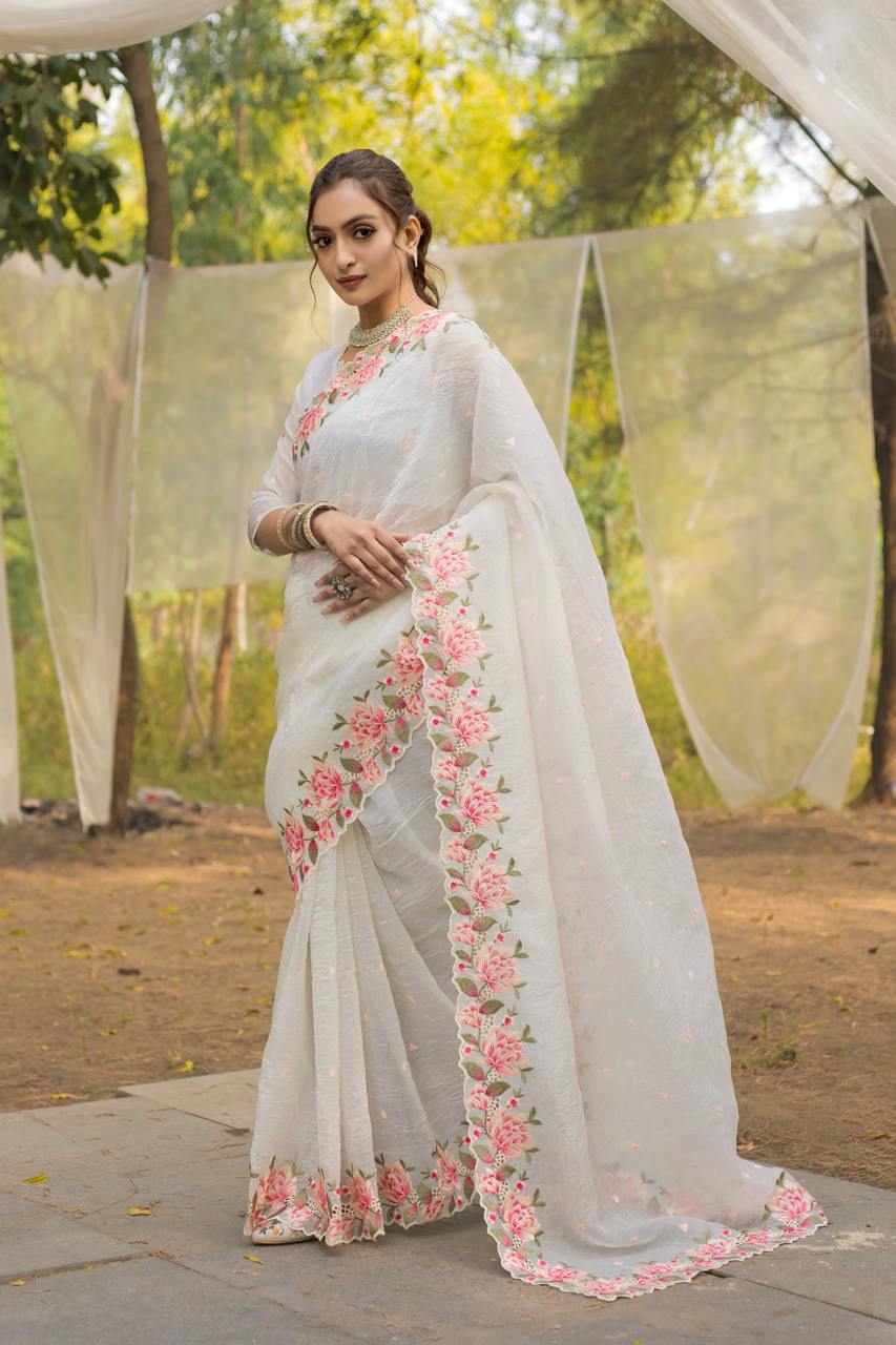 Women's Pristine White Organza Saree with Exquisite Pink & Green Floral Thread Embroidery β Complete with Matching Embroidered Blouse for Festive & Summer Wear - Image 4