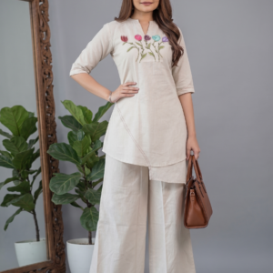 Women's White Floral Embroidered Kurti Palazzo Set ,Perfect  outfit for Hot Summer