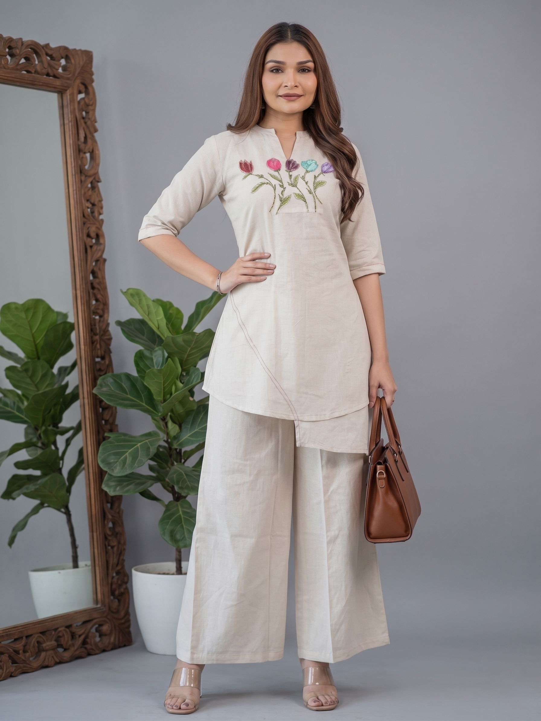 Women's White Floral Embroidered Kurti Palazzo Set ,Perfect outfit for Hot Summer