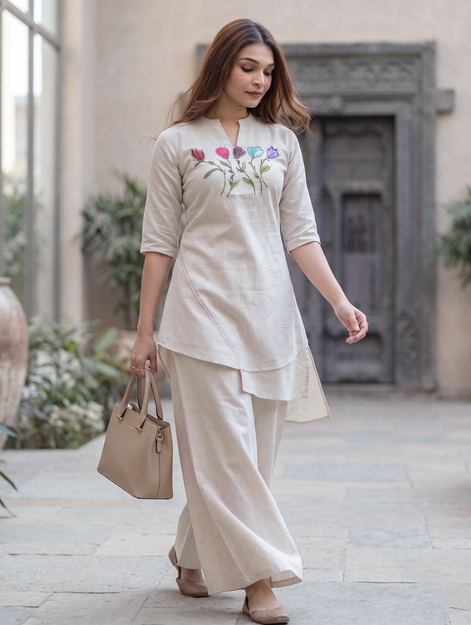 Women's White Floral Embroidered Kurti Palazzo Set ,Perfect outfit for Hot Summer - Image 3