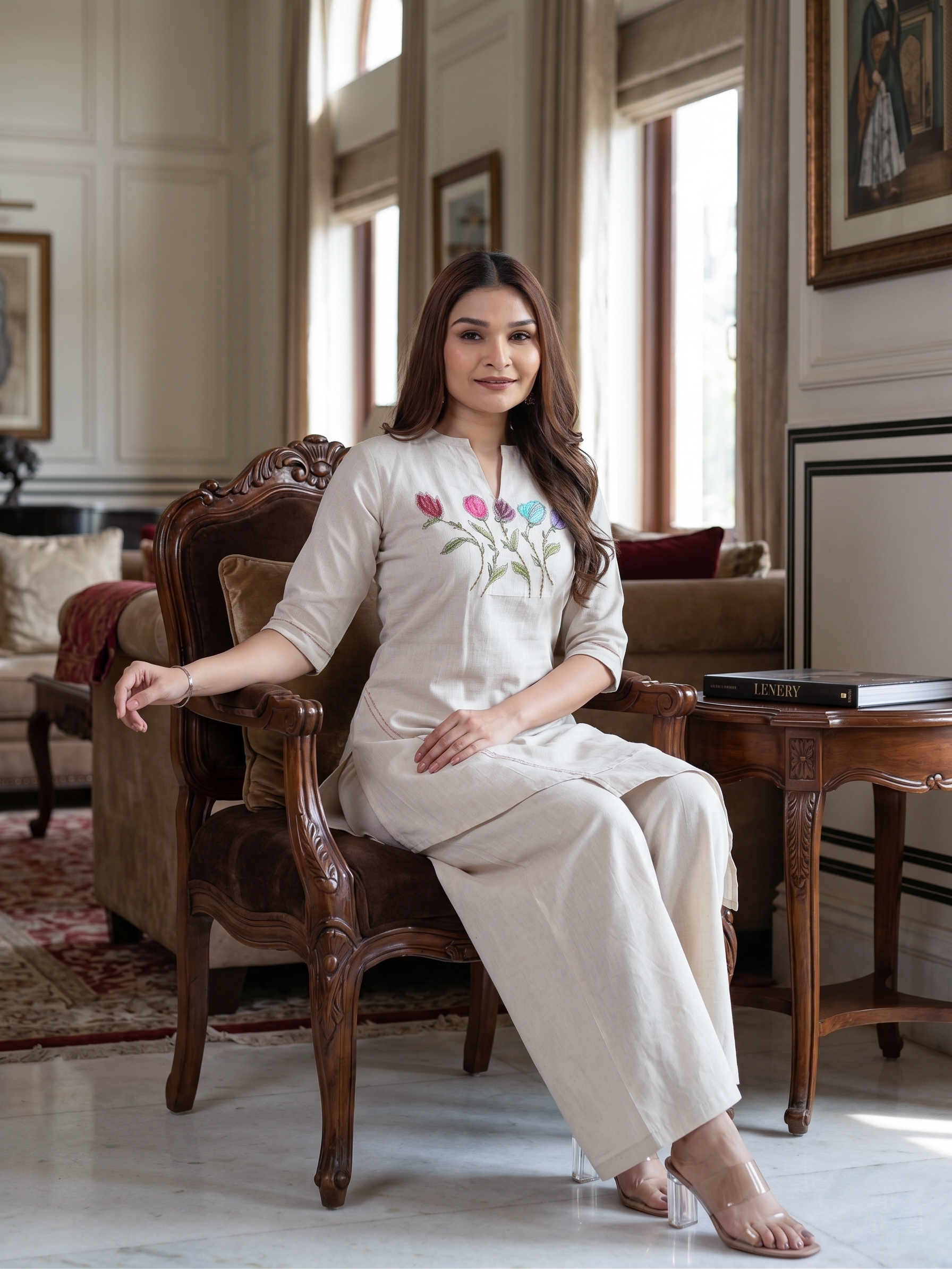 Women's White Floral Embroidered Kurti Palazzo Set ,Perfect outfit for Hot Summer - Image 4