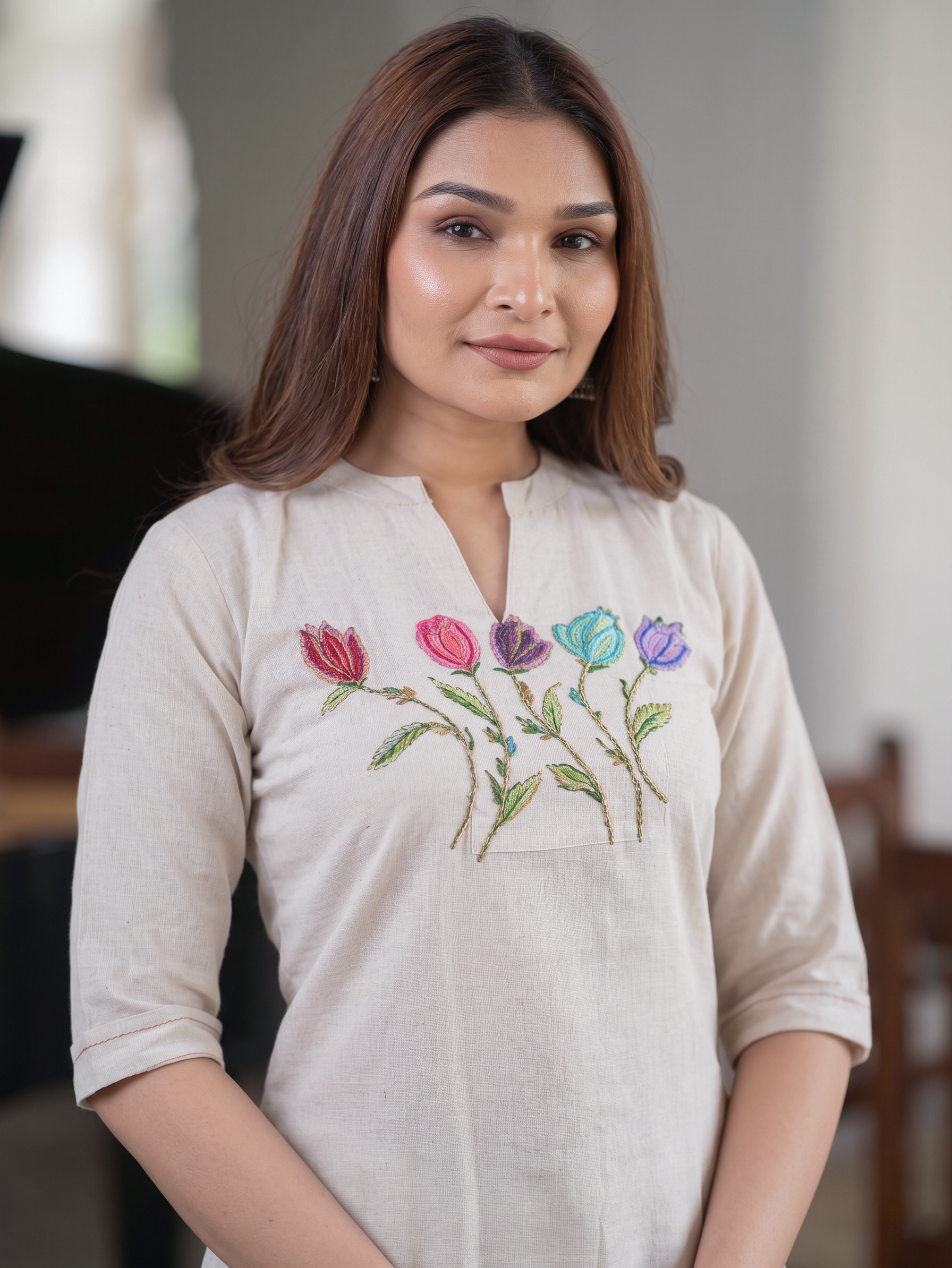 Women's White Floral Embroidered Kurti Palazzo Set ,Perfect outfit for Hot Summer - Image 2